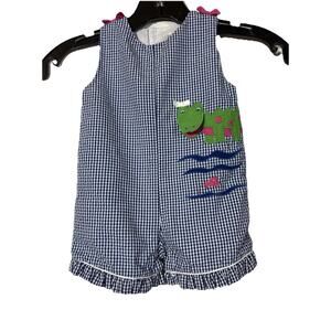 Blue and White Gingham Romper Alligator Crocodile Open Mouth Girls 6 Month Bows